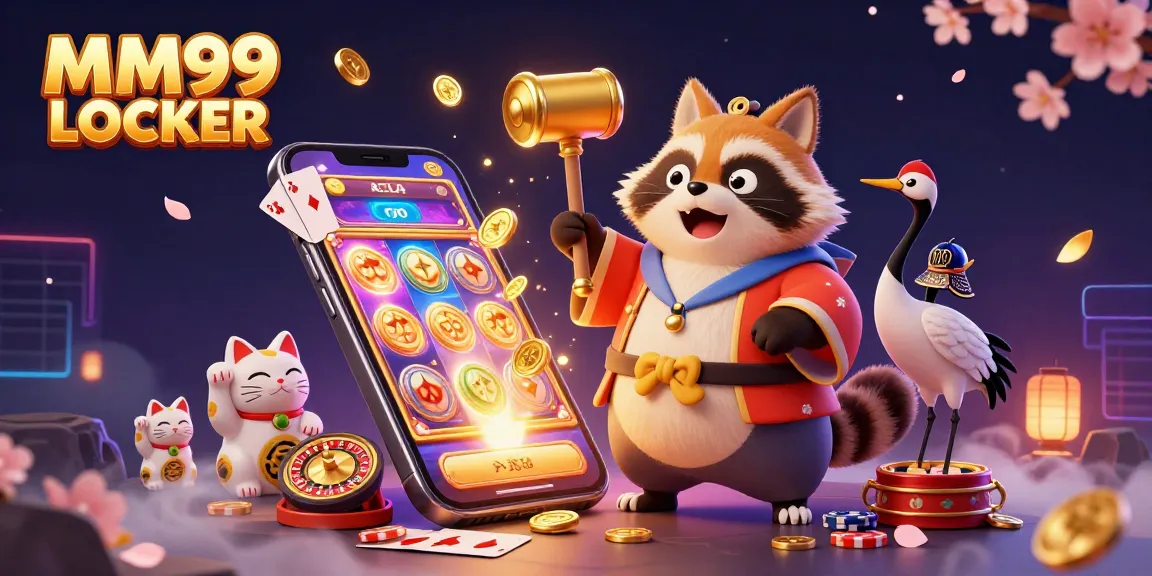 Win big with MM99 LOCKER's vibrant gaming illustration, featuring fortune cats and dynamic slot games.