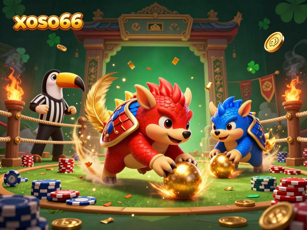 xoso66 rivals engage in a thrilling bowling game with golden balls and poker chips.