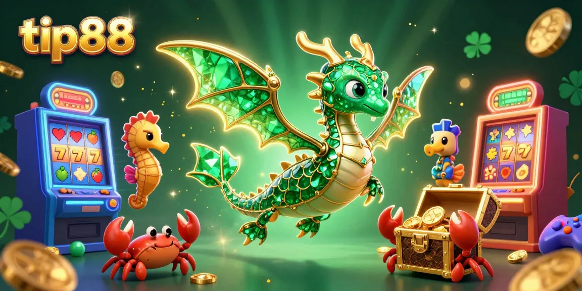 Engage in thrilling slots at tip88 with an emerald sea dragon amidst shining treasures.
