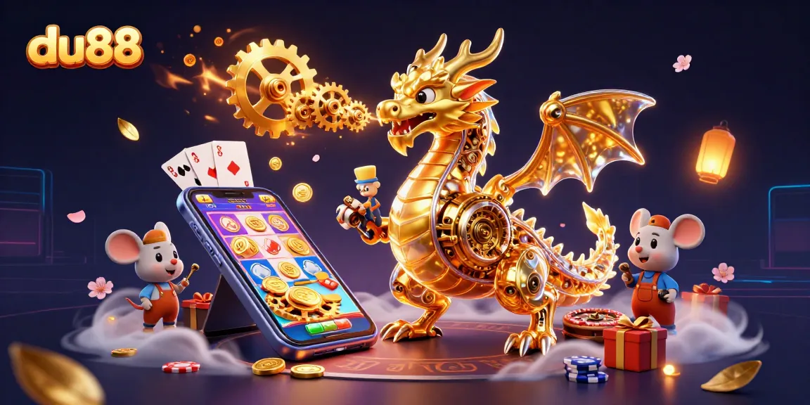 Engage with the vibrant du88 slot gaming scene featuring a biomechanical dragon and gold coins.