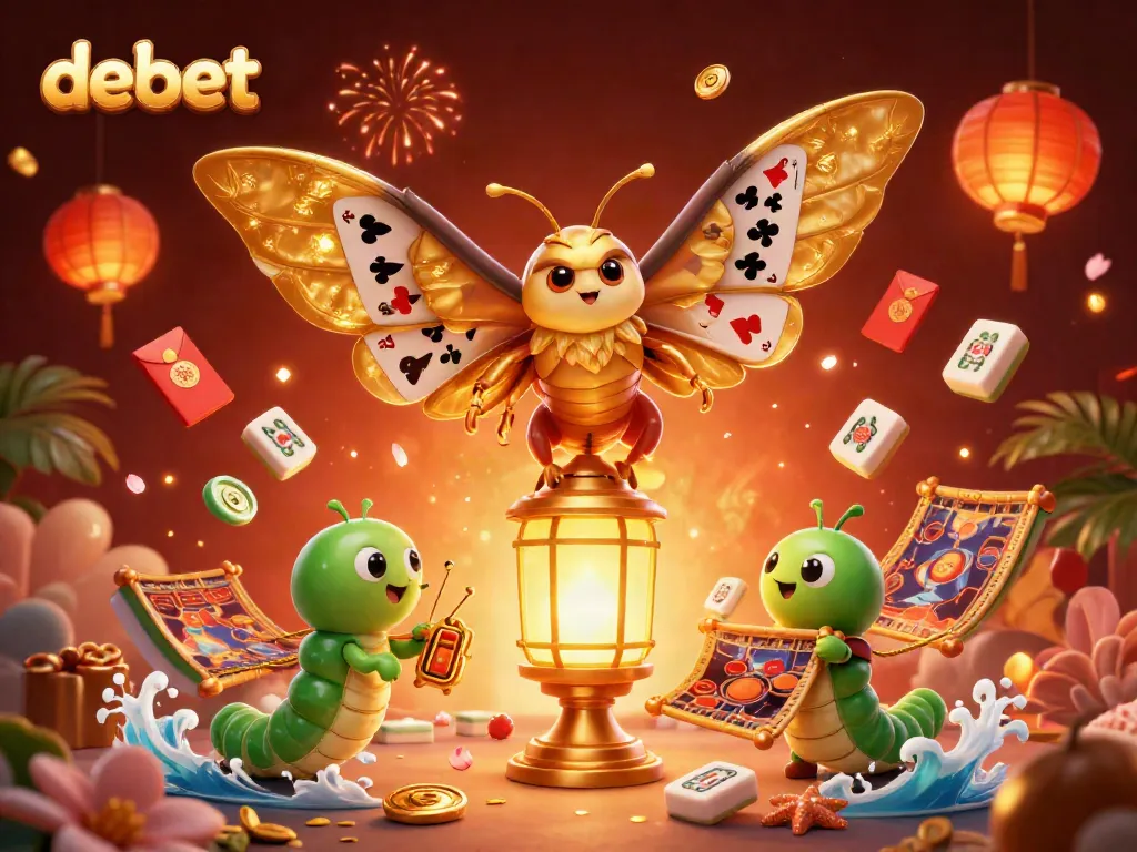 Experience debet's vibrant casino allure with 3D moths and festive elements in a mesmerizing illustration.
