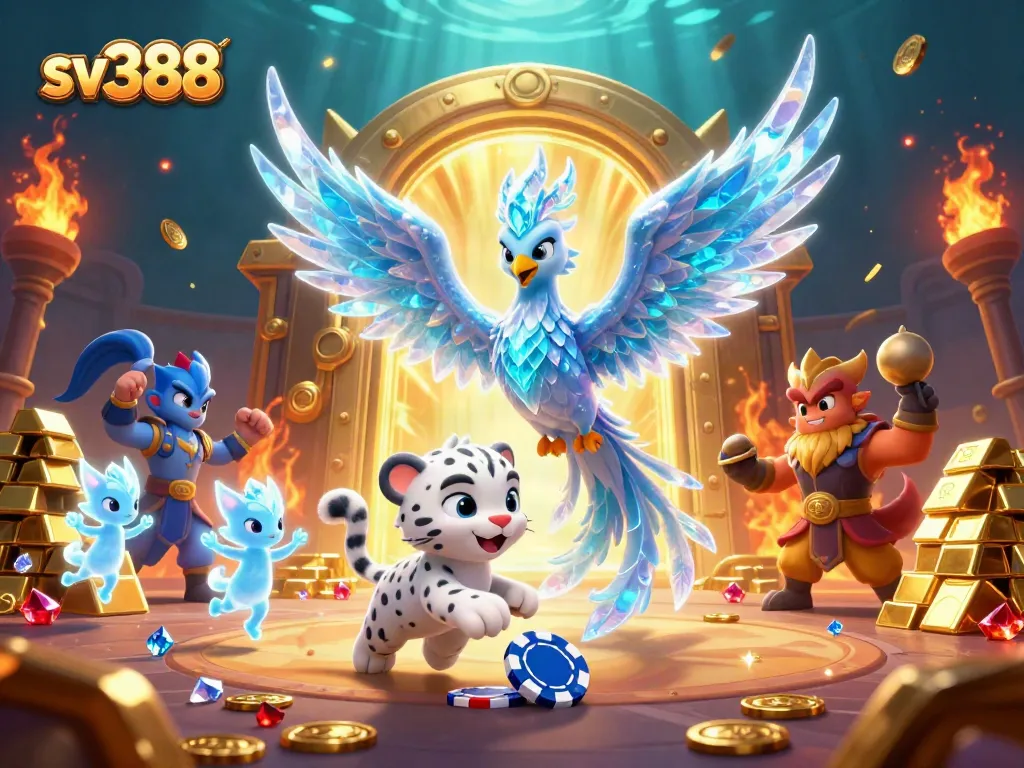 Engage in exciting cockfighting with sv388 as the ice phoenix and snow leopard showcase their prowess, surrounded by treasures.