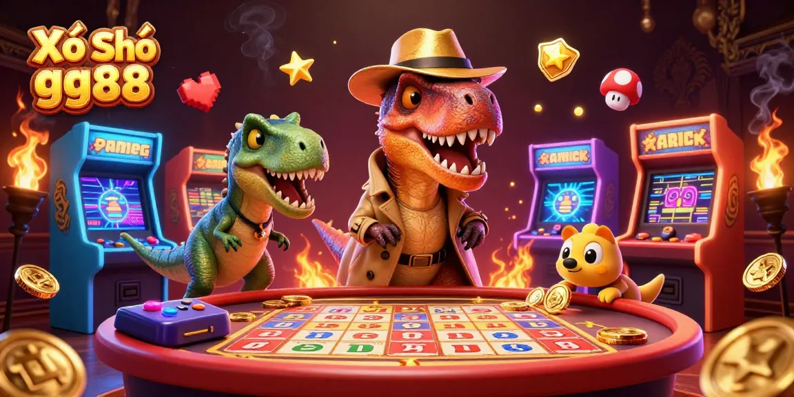 Xổ Số gg88 lottery scene featuring a velociraptor at a bingo game table amidst colorful gaming elements.