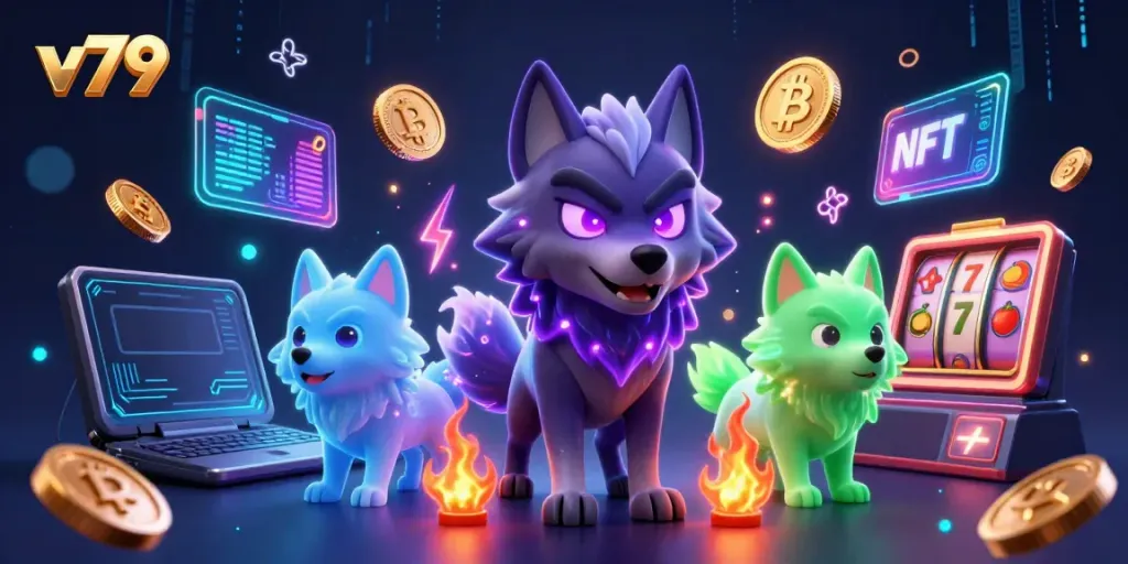 Experience vibrant gameplay in an immersive v79 casino world filled with animated wolf characters and cryptocurrency elements.