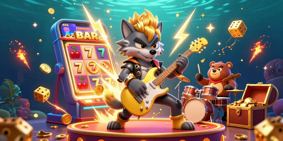 Engage with mercedes-nohu's vibrant casino world, featuring a rock star wolf and drummer bear in a jackpot celebration.