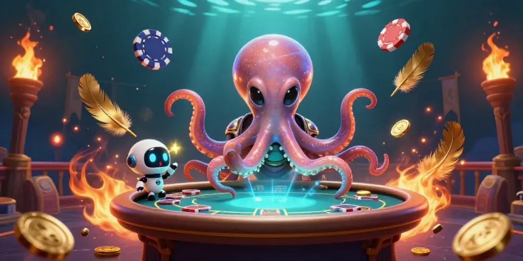 Experience the thrill of 789 bet with an alien octopus at a holographic poker table surrounded by vibrant casino elements.