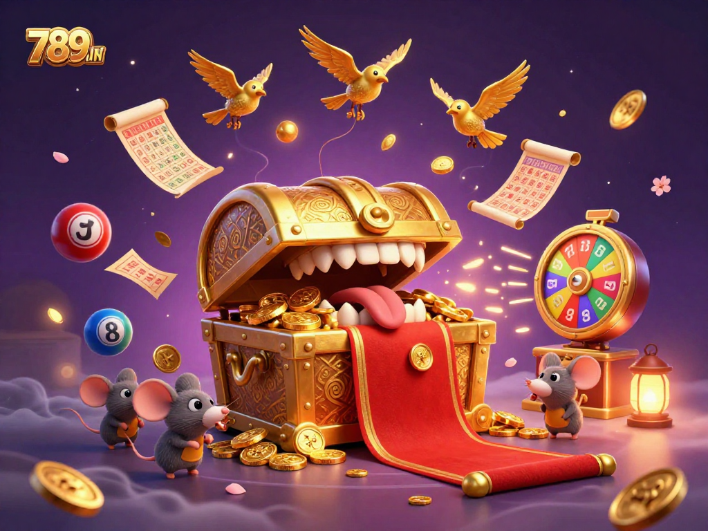 Experience the vibrant excitement of 789WIN with dynamic gaming elements amidst a glimmering backdrop.