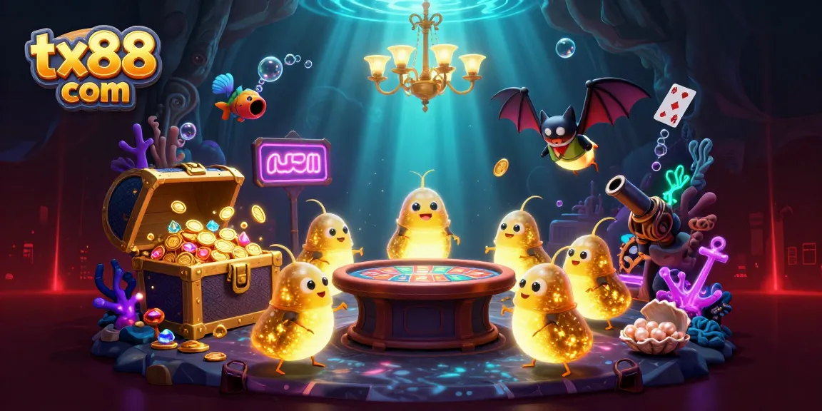 Experience the excitement at tx88 com with vibrant casino-themed glowworms illuminating the scene while playing cards float around.