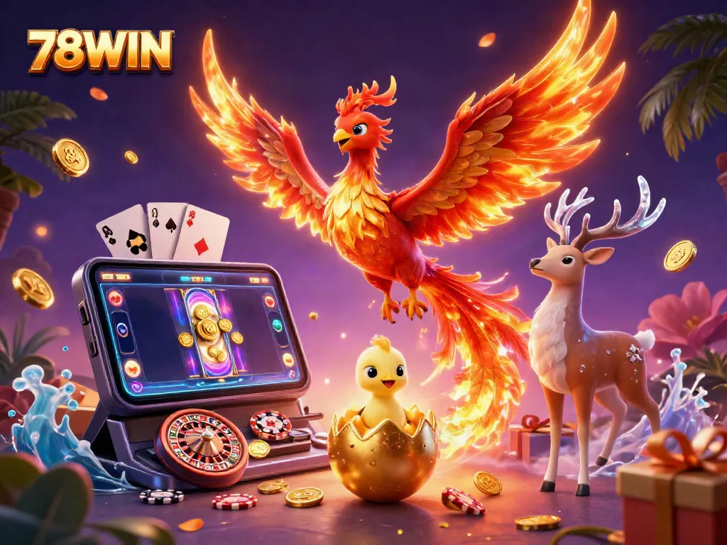 Engage with 78WIN as a fire phoenix soars over a vibrant gaming scene of slots and cards.