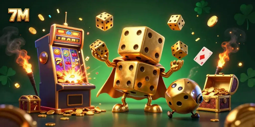 Experience thrilling gameplay with vibrant 7M casino elements featuring golden dice and slot machine bursts.