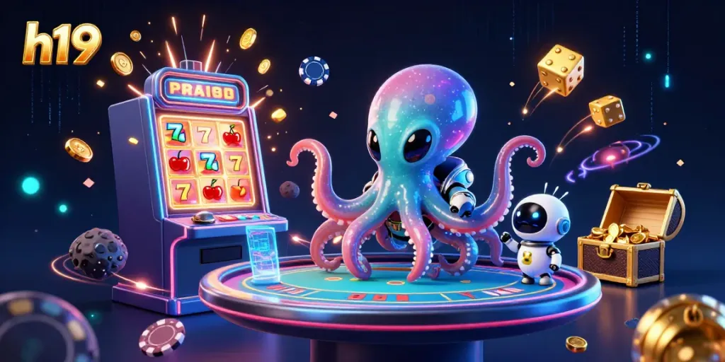 Engage with h19's thrilling gambling scene featuring an alien octopus and a robot at a poker table.