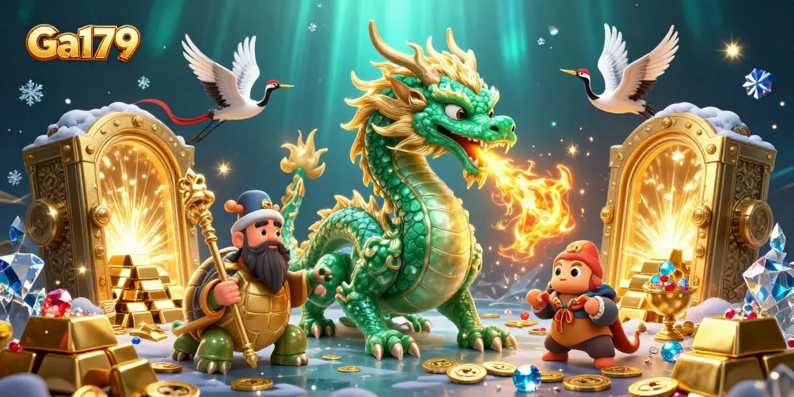 Win big with Ga179 in this immersive gaming scene featuring a jade dragon, treasures, and mythic symbols.