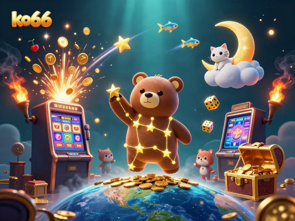 Win big at ko66 with a vibrant digital illustration of a casino-themed adventure, showcasing colorful characters and thrilling elements.