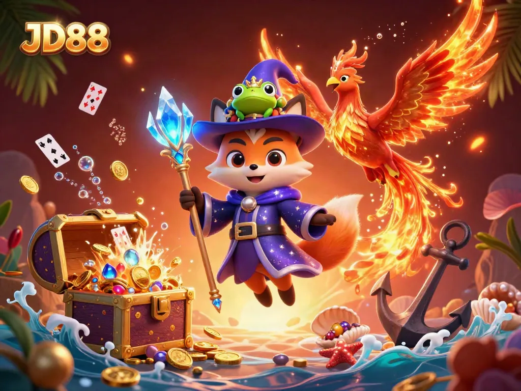Experience the excitement of JD88 with a magical 3D scene filled with casino treasures and dynamic characters.