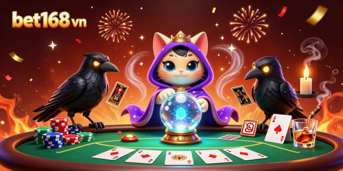 Bet168 vn brings excitement with a fortune-telling cat and dancing flames at a vibrant poker scene.