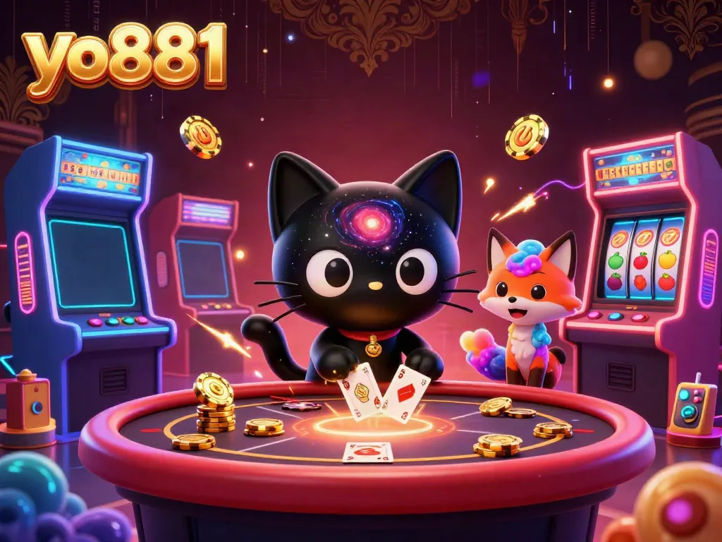 Win big with yo881 in a vibrant cosmic casino featuring a black hole cat and colorful fox.