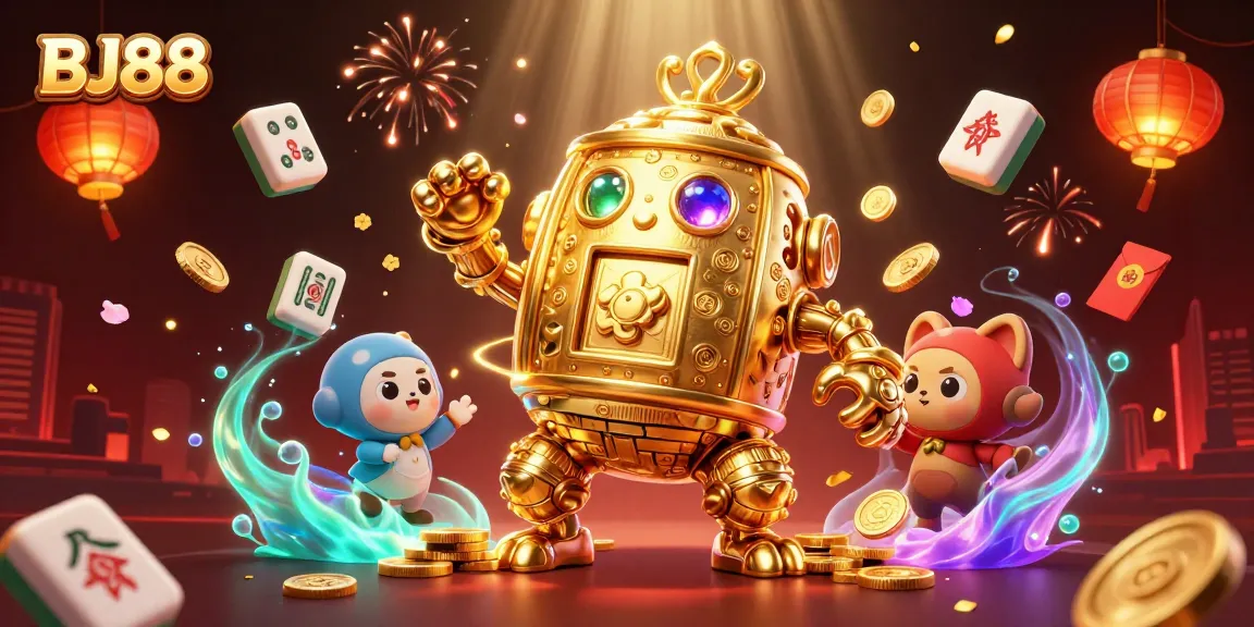 Bet big with BJ88 on an exciting future in online gaming, lit by golden coins and festive elements.