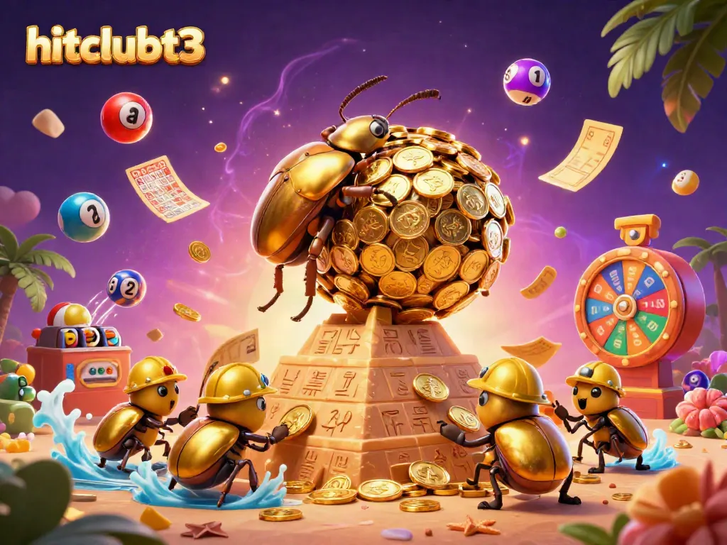 Engage with hitclubt3 as golden beetles roll coins in a vibrant casino scene filled with lottery elements.