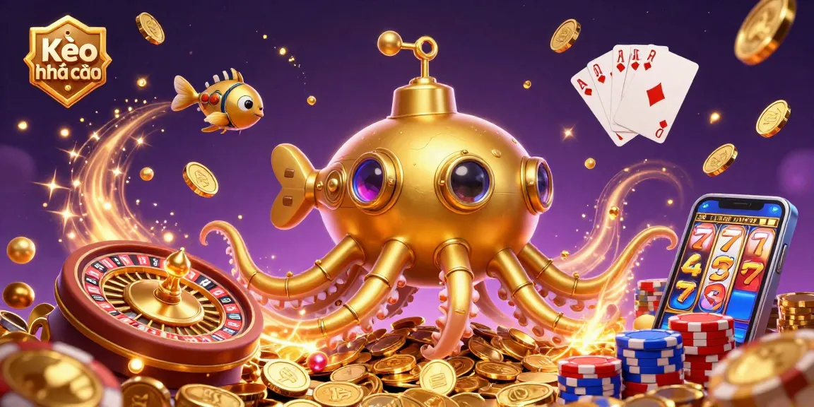 Kèo nhà cái illustration showcasing a golden kraken submarine amidst golden coins and casino elements.