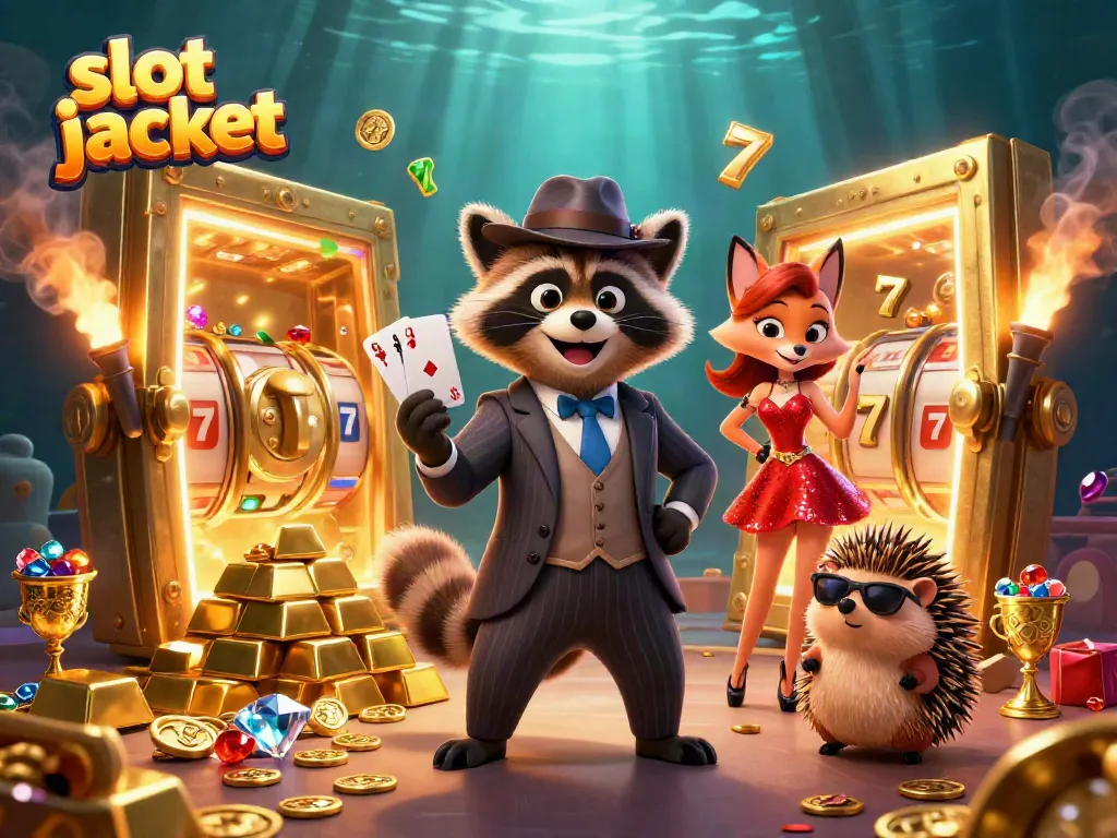 Experience slot jackpot excitement with a suave raccoon, fox, and hedgehog surrounded by dazzling treasures.