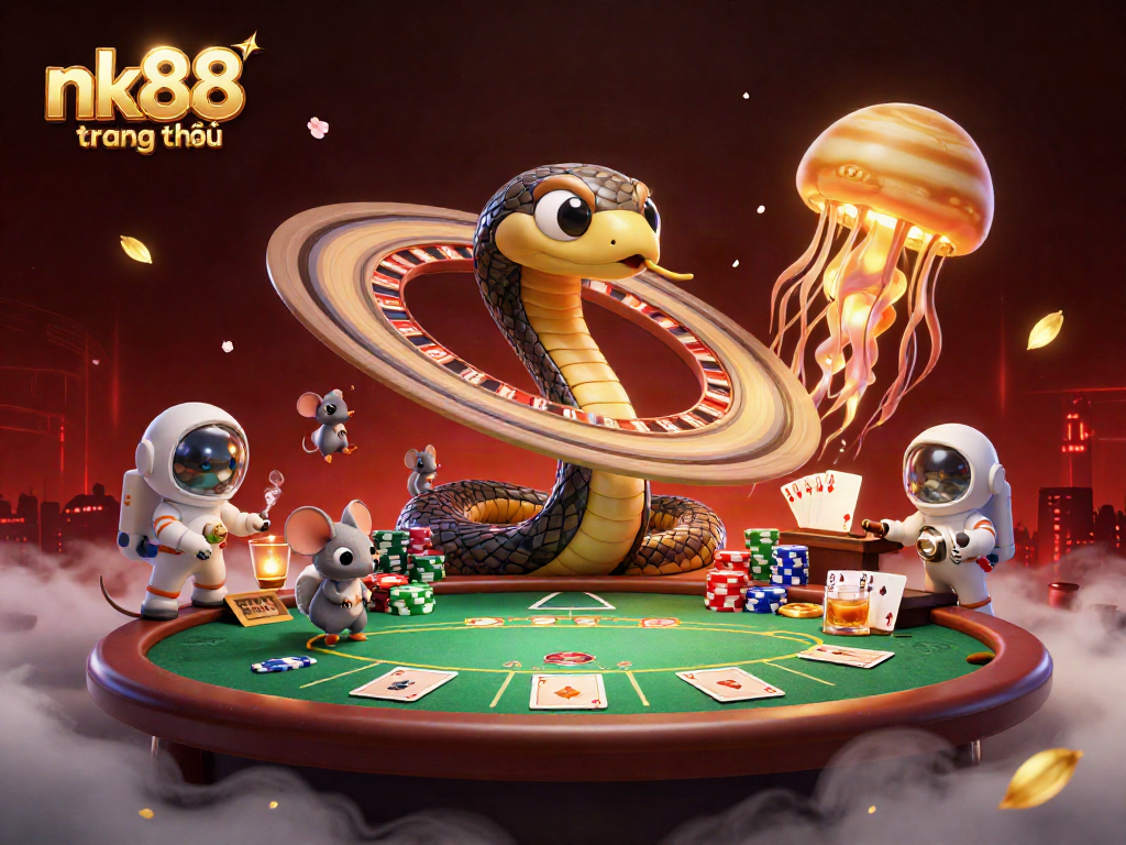 Engage with nk88 trang chủ as cartoon mice bet on a cosmic roulette wheel in a vibrant casino setting.