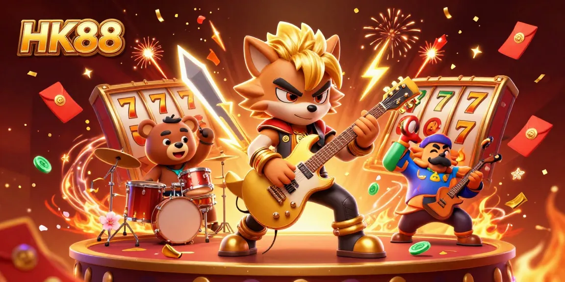 Experience the thrill of HK88 with casino excitement featuring slot reels and playful characters.