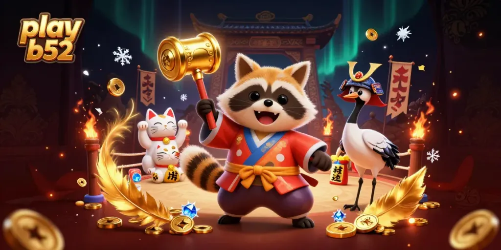 Experience the excitement as you play b52 with a cheerful tanuki and friends at this vibrant casino scene.
