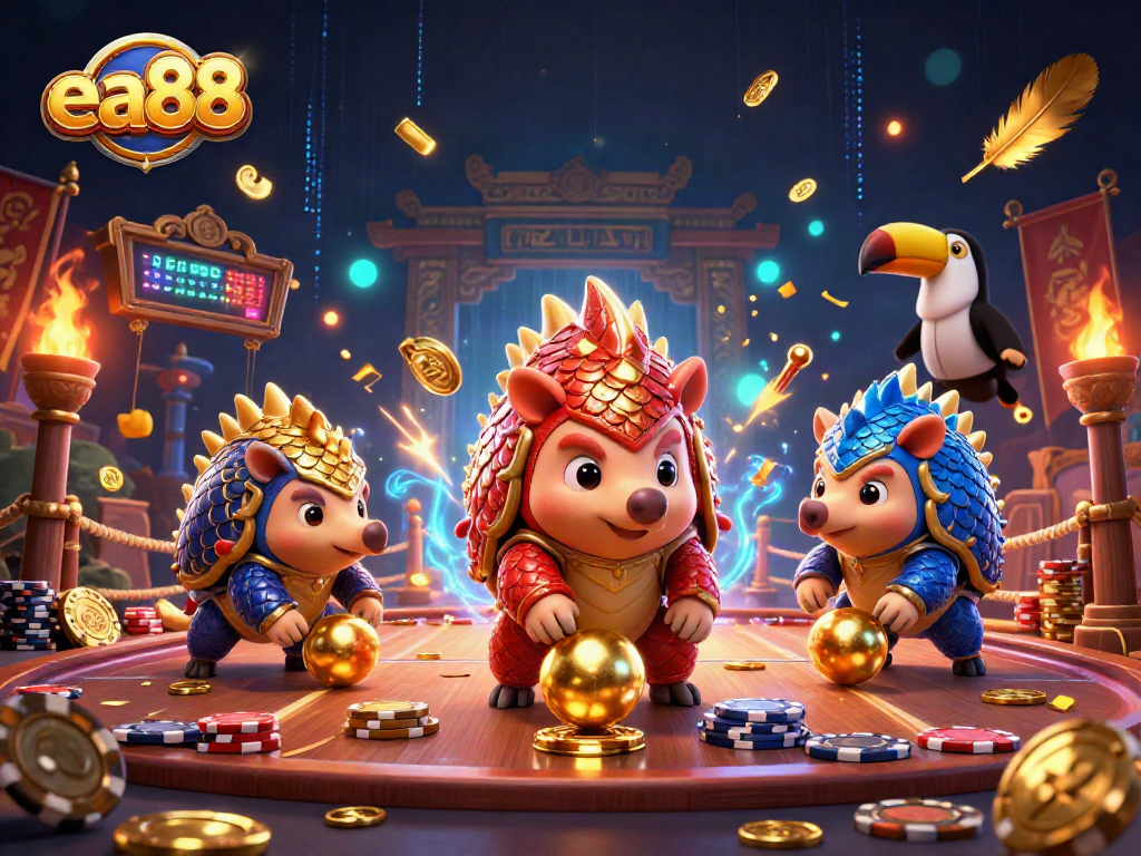 ea88 pangolins battle in a dynamic casino scene, complete with poker chips and golden prizes.