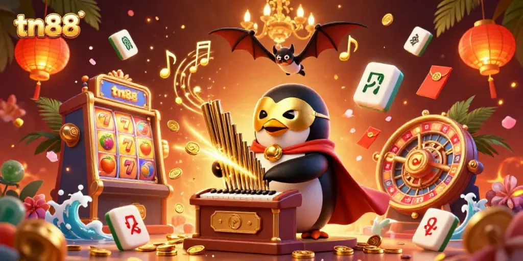 Engage with tn88's vibrant casino scene featuring animated penguin playing a golden pipe organ amidst slot machines.