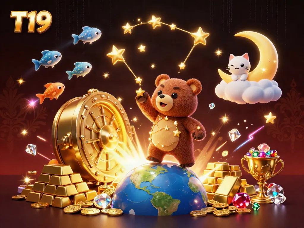 Experience big wins with T19's vibrant casino atmosphere featuring golden treasures and gaming excitement.