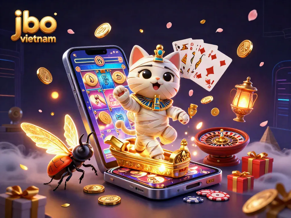 Join the excitement at JBO Vietnam with a captivating 3D casino scene featuring thrilling games and joyous characters.