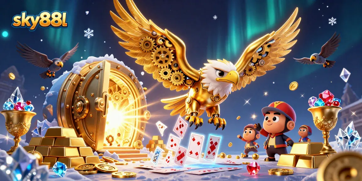 Experience stunning wins at sky88l with cybernetic eagle soaring through treasures and holographic cards.