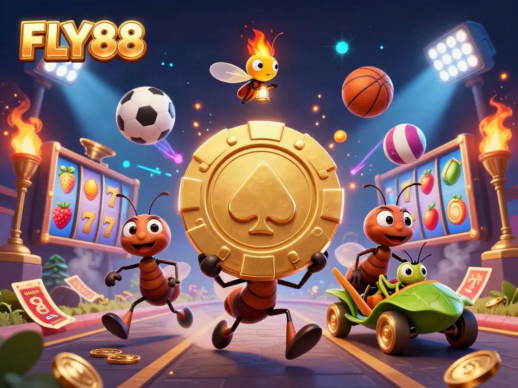 FLY88 showcases cartoon ants in a heist with oversized poker chips amidst a dynamic casino scene.