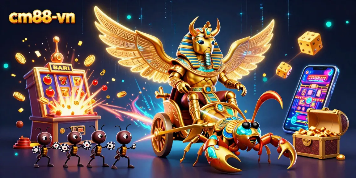 Experience thrilling adventures with cm88-vn, featuring a unique golden scarab beetle in a vibrant casino world.
