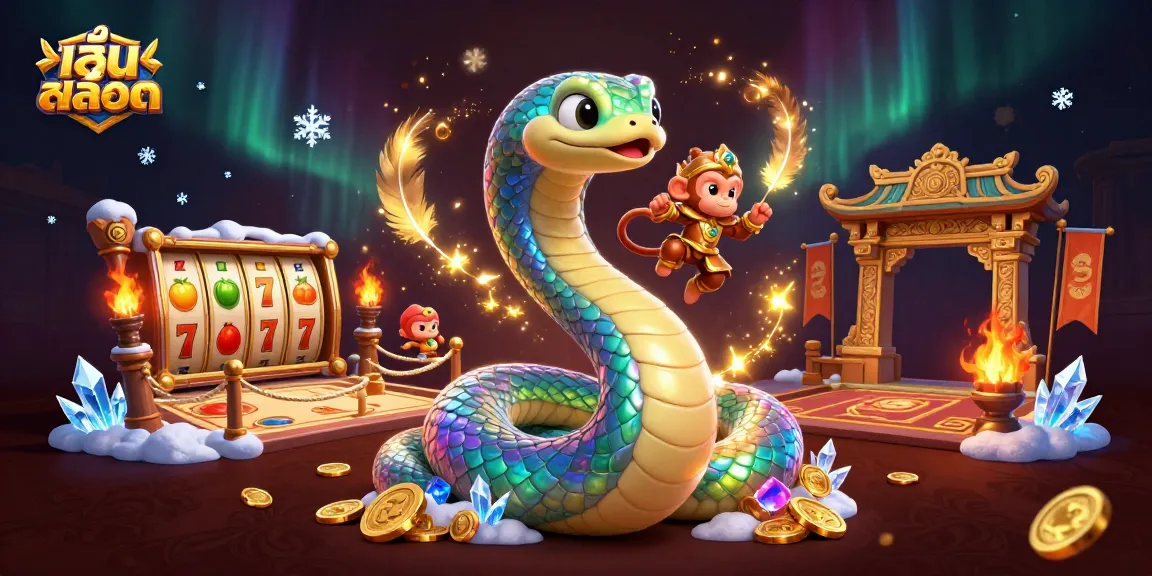 Engage in เล่นสล็อต through vibrant visuals of animated characters, slot elements, and rich casino ambiance.