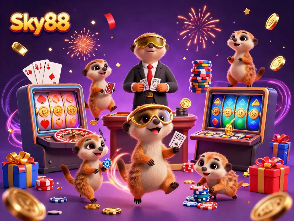 Experience thrilling casino excitement with Sky88's meerkat characters amidst colorful gaming elements.