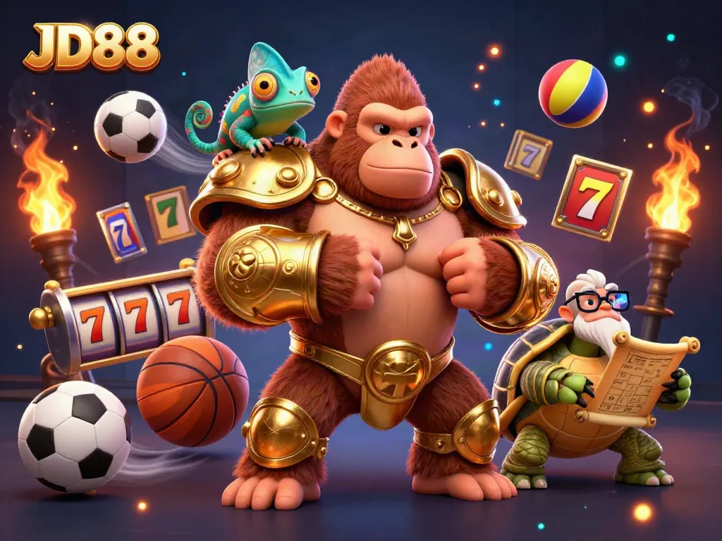 JD88 casino scene featuring a gorilla king and colorful elements for exciting gameplay.
