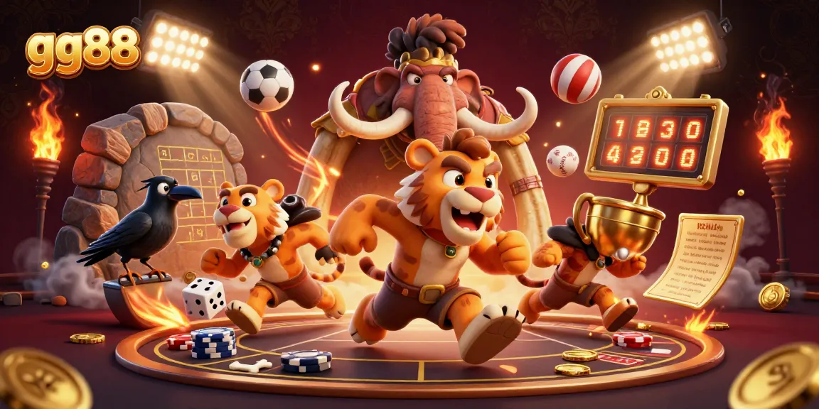 Experience thrilling gaming at gg88 with a lively prehistoric casino atmosphere featuring unique characters.