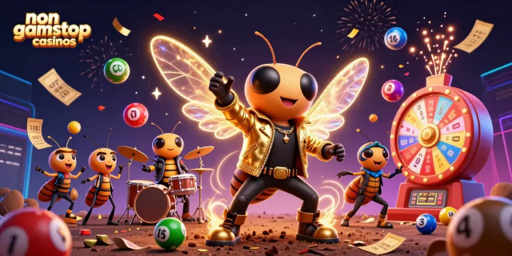 Experience the excitement of non gamstop casinos with a lively 3D rock star scene full of vibrant game elements.