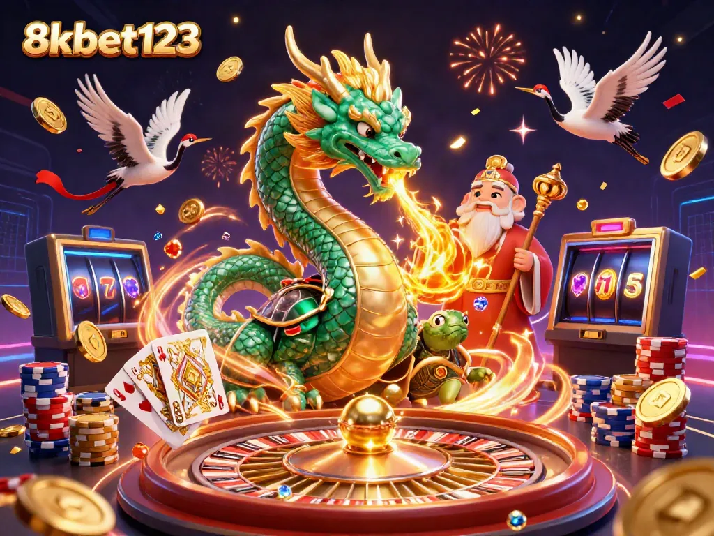 Experience the excitement of gaming at 8xbet123 with a vivid dragon and casino elements.