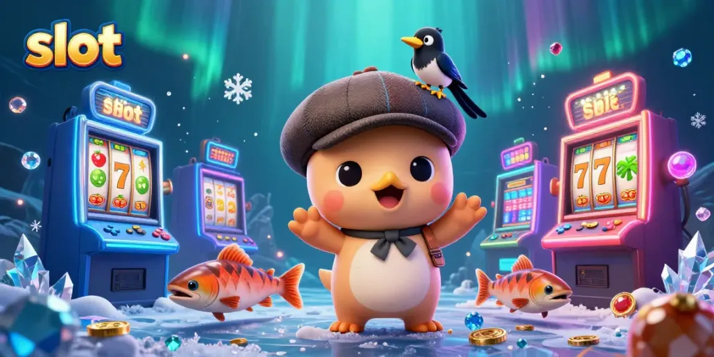 Experience vibrant slot action with playful Nessie, a magpie, and colorful slot machines.