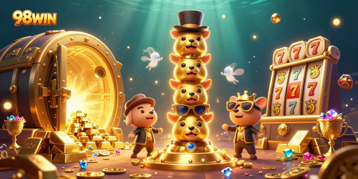 Bet and win big with 98WIN in a vibrant 3D casino scene showcasing slots and gold treasures