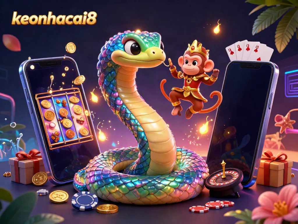 Engage with keonhacai8's vibrant casino adventures featuring a playful monkey and rainbow serpent.