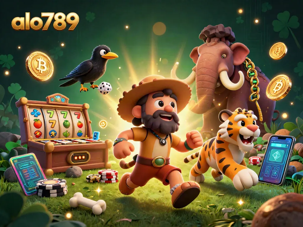 Engage with alo789's vibrant prehistoric casino scene featuring clever cavemen and thrilling slot symbols.