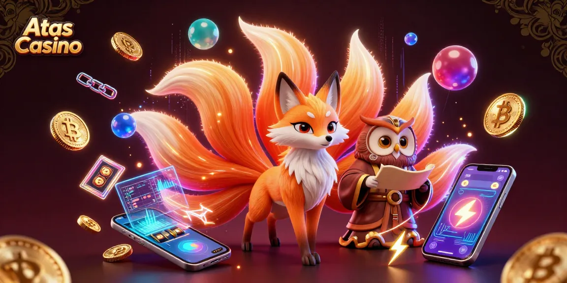 Atas Casino offers thrilling gaming with a captivating illustration showcasing vibrant characters and slot reels.
