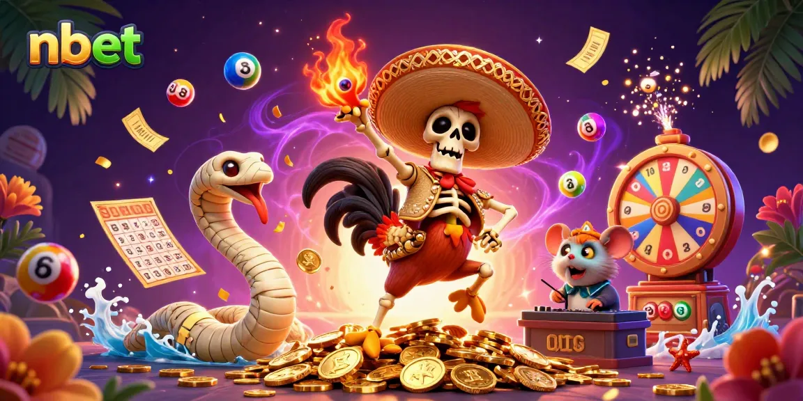 Feel the excitement with nbet as the mariachi rooster dances on a pile of coins amidst vibrant casino elements.