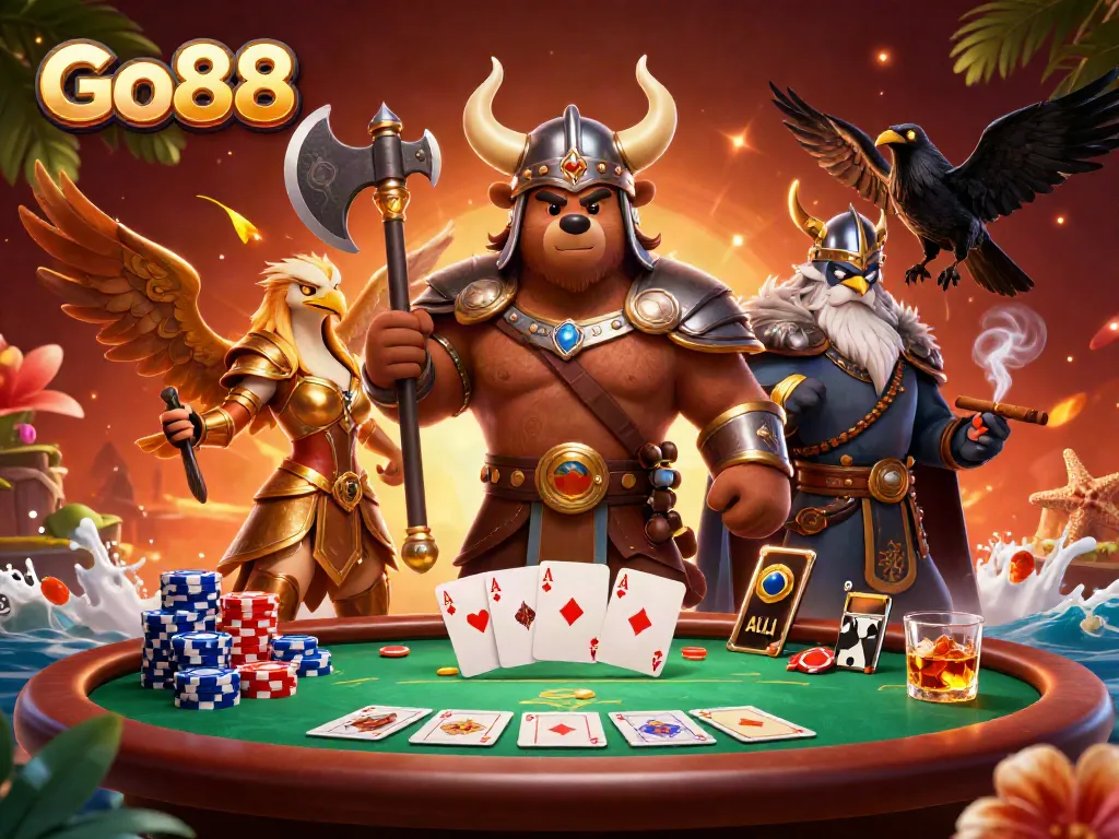 Go88 gaming with a Viking berserker and Valkyrie eagle surrounded by poker elements