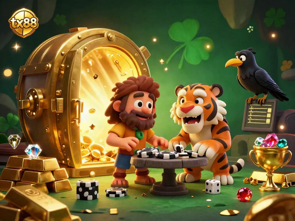 Experience the thrill of tx88 with lively caveman and sabertooth duo managing a vibrant casino adventure.