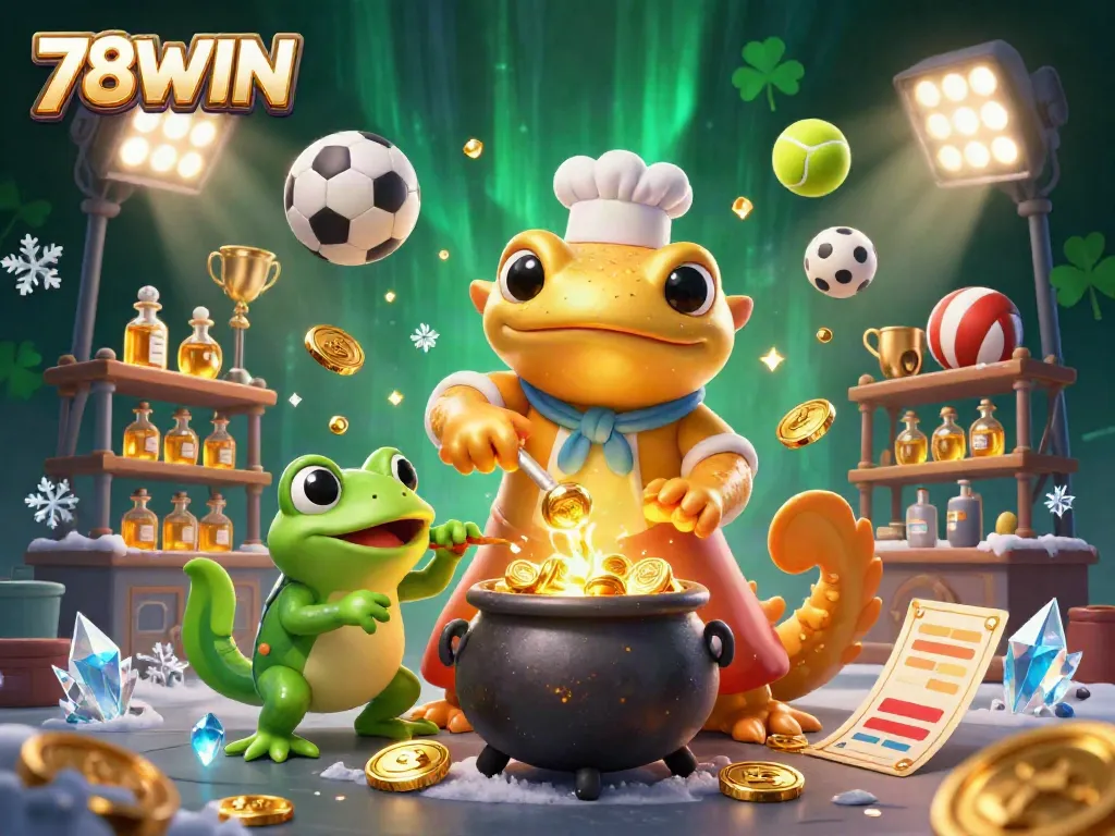 Experience thrilling gameplay with 78WIN's vibrant 3D casino-themed illustration featuring gold coins and sports elements.