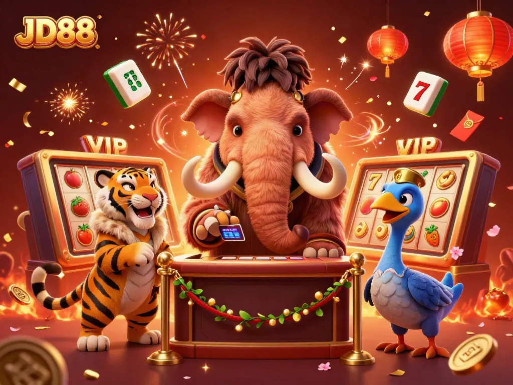 Engaging scene featuring JD88 with vibrant gambling elements and animated characters celebrating gaming excitement.